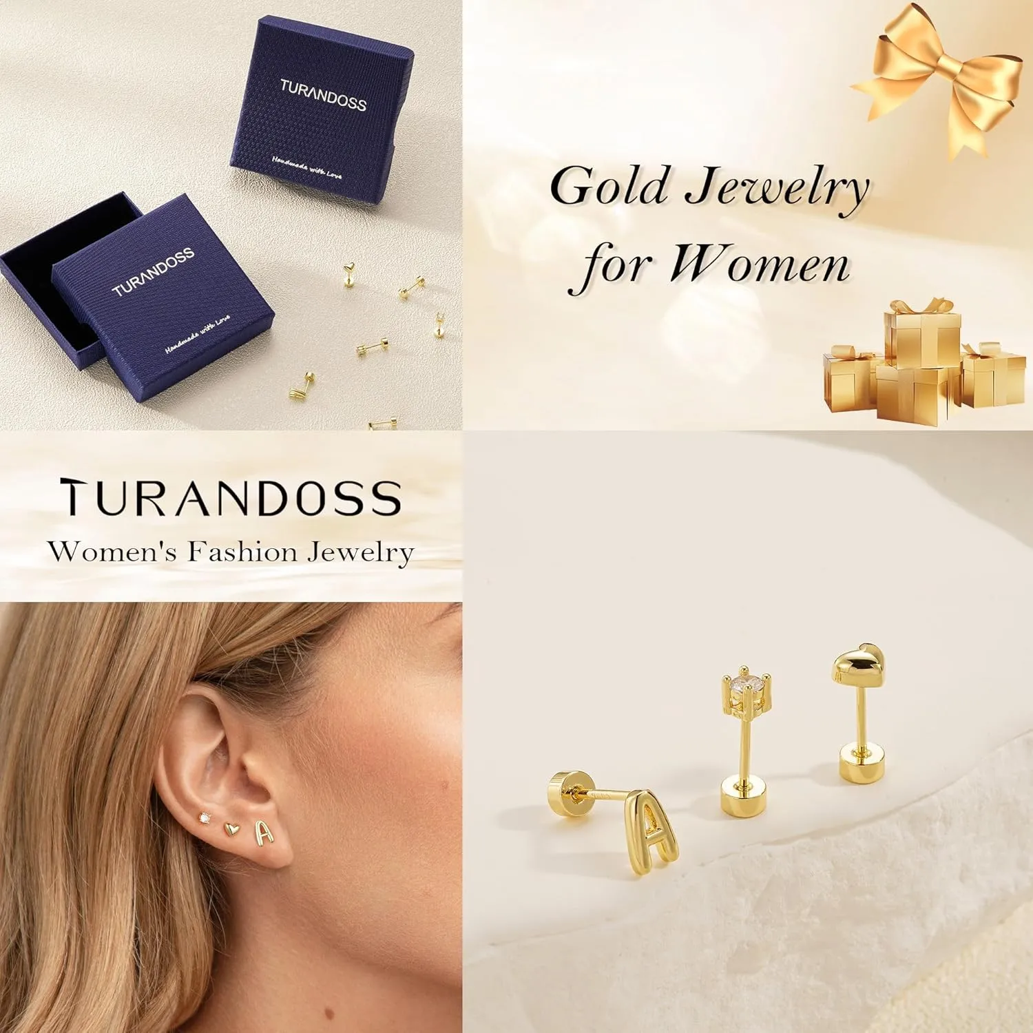 Turandoss 3 Pairs Initial Stud S925 Sterling Silver Post Earrings for Women Girls, 14K Gold Plated Letter A-Z Heart Initial Stud Earrings Jewelry Gifts for Teen Girls Women Trendy
