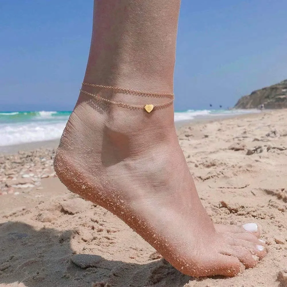 Turandoss Heart Initial Ankle Bracelets for Women, 14K Gold Filled Handmade Dainty Layered Anklet Letter Initial Heart Ankle Bracelets for Women Beach Jewelry Gifts