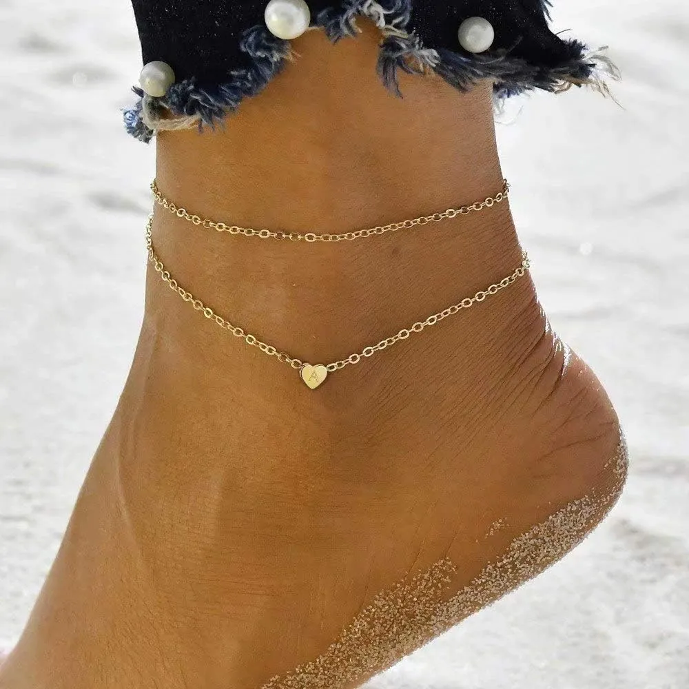 Turandoss Heart Initial Ankle Bracelets for Women, 14K Gold Filled Handmade Dainty Layered Anklet Letter Initial Heart Ankle Bracelets for Women Beach Jewelry Gifts