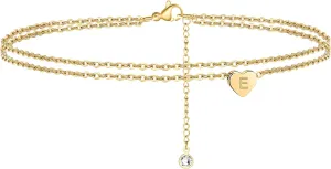 Turandoss Heart Initial Ankle Bracelets for Women, 14K Gold Filled Handmade Dainty Layered Anklet Letter Initial Heart Ankle Bracelets for Women Beach Jewelry Gifts