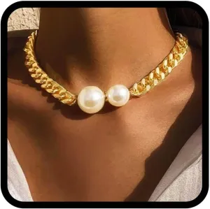TWINKLEDE Gold Pearl Choker Necklace Chunky Cuban Link Necklaces for Women