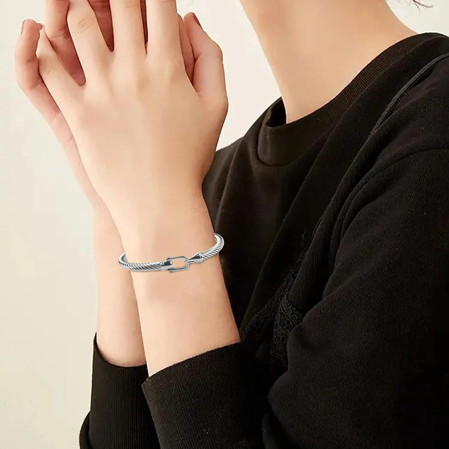 Twisted Cable Bracelet Stylish Fine Stainless Steel Cable Cuff Bracelet with Hook Clasp Bracelets Jewelry for Women