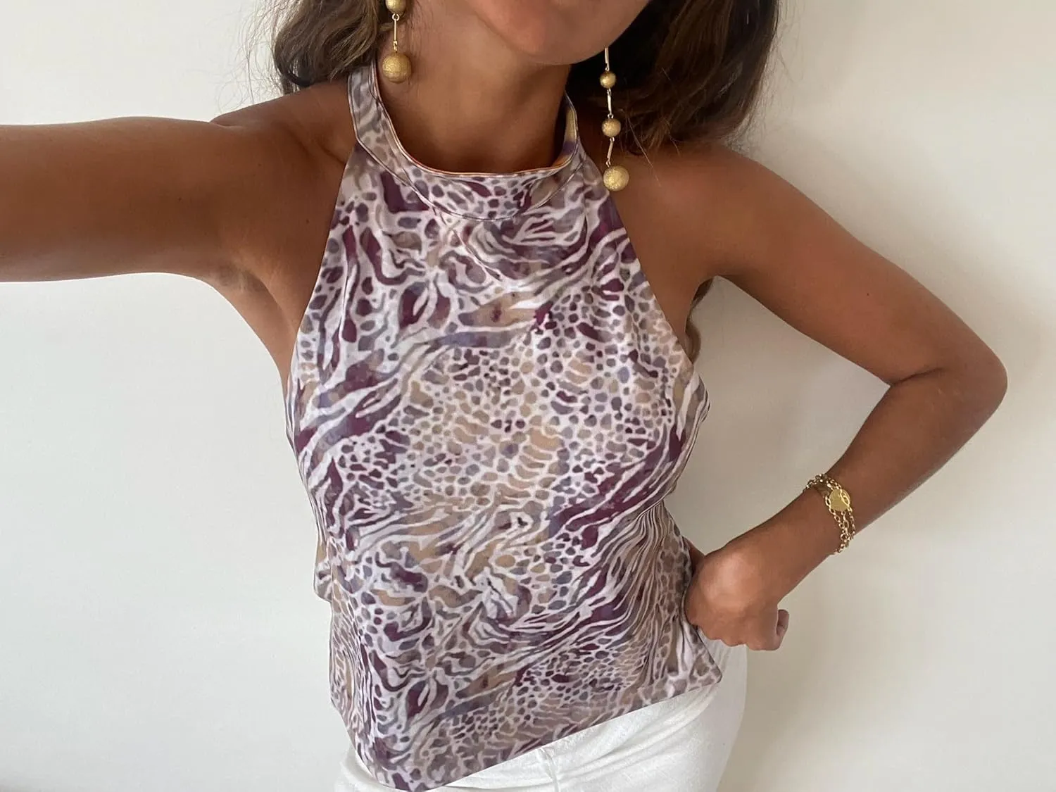 UAURORAO Women Backless Halter Top Mock Neck Boho Floral Tank Tops Open Back Aesthetic Y2k Going Out Club Party Top