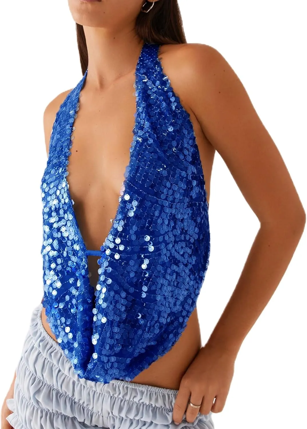 UAURORAO Women Cowl Neck Halter Tops Sexy Draped Front Low Cut Backless Tank Top Ruched Open Back Going Out Crop Tops