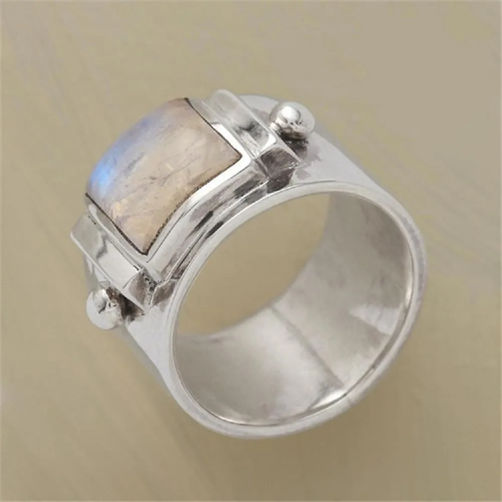 Unique Artisan Vintage Style Rings Statement Promise Bohemian Jewelry Gift,Rainbow Moonstone Chunky Rings for Women Astrological Birthstone Rings