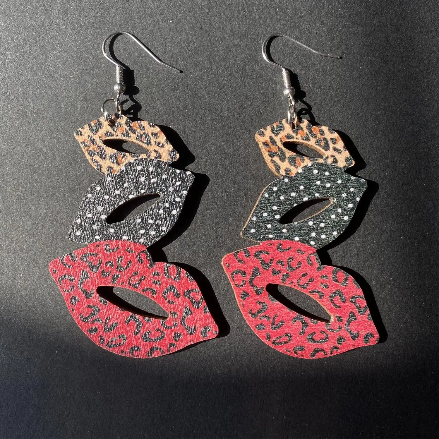 Unique Bohemian 80s Vintage Wooden Leopard Red Lip Dangle Drop Earrings Funny Dainty Lightweight Boho Nature Wood Lips Earring for WomenStatement Jewelry Gifts