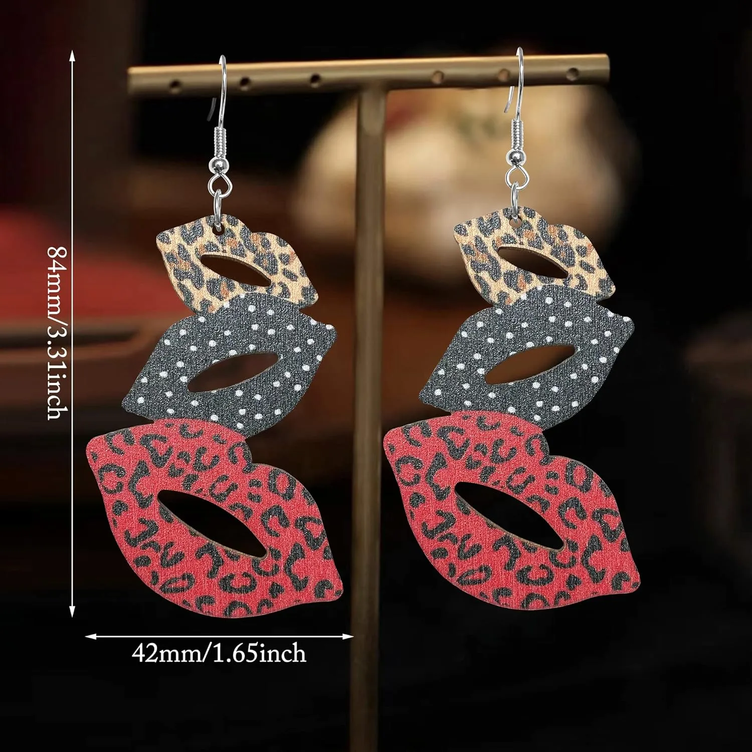 Unique Bohemian 80s Vintage Wooden Leopard Red Lip Dangle Drop Earrings Funny Dainty Lightweight Boho Nature Wood Lips Earring for WomenStatement Jewelry Gifts