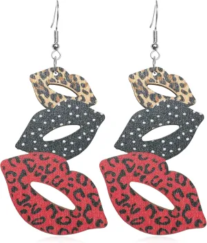 Unique Bohemian 80s Vintage Wooden Leopard Red Lip Dangle Drop Earrings Funny Dainty Lightweight Boho Nature Wood Lips Earring for WomenStatement Jewelry Gifts
