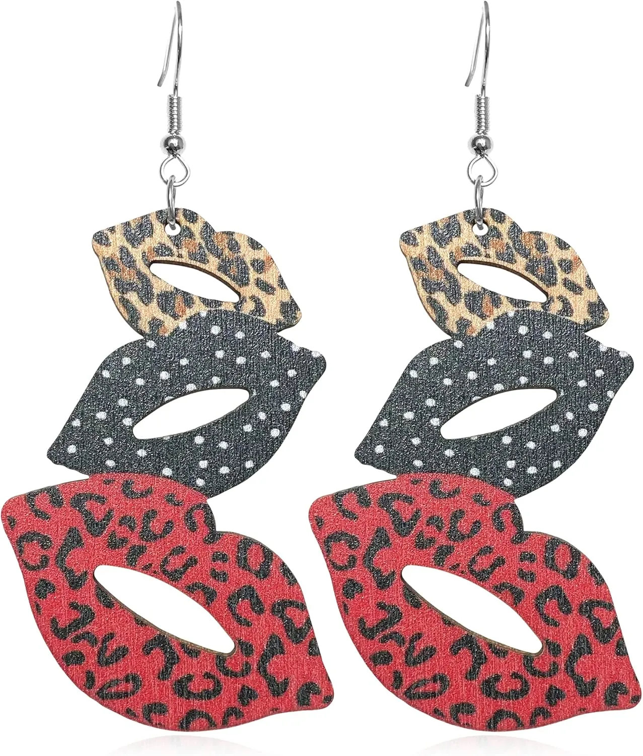 Unique Bohemian 80s Vintage Wooden Leopard Red Lip Dangle Drop Earrings Funny Dainty Lightweight Boho Nature Wood Lips Earring for WomenStatement Jewelry Gifts