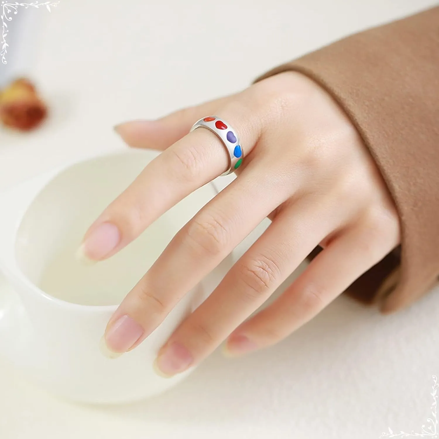 Unique Ring Woman, Rainbow Heart Enamel Rings for Couples, Stainless-Steel Rings Vintage for Brother