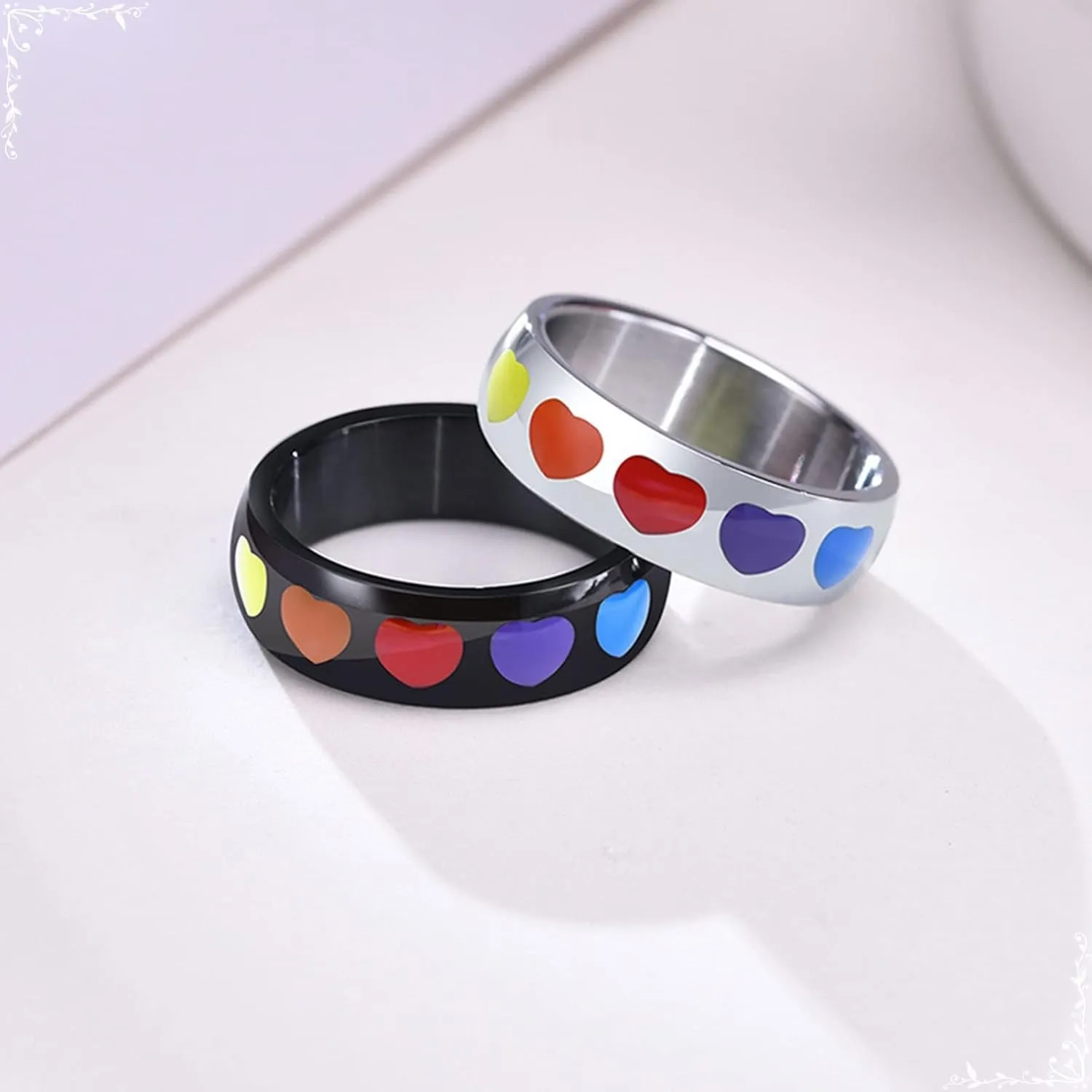 Unique Ring Woman, Rainbow Heart Enamel Rings for Couples, Stainless-Steel Rings Vintage for Brother