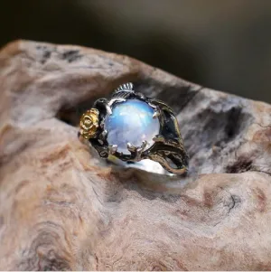Unique Vintage Flowering Twig Rainbow Moonstone Engagement Ring for Women,Victorian Style Solitaire Ring Thai Silver Jewelry (US Size 6)