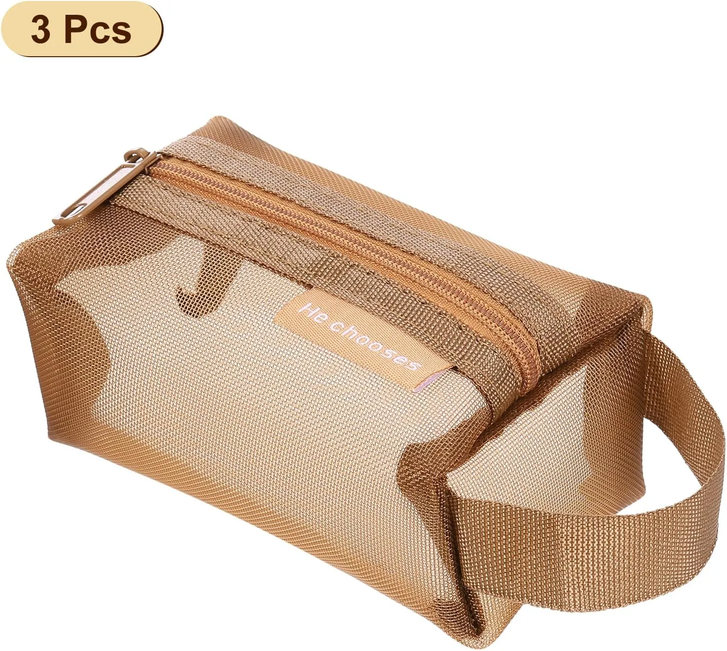uxcell Mini Zipper Mesh Bag 2" x 4", 3 Pcs Nylon Small Makeup Zipper Mesh Pouch Cosmetic Case Mesh Storage Bags for Earphone, Credit Card, Brown