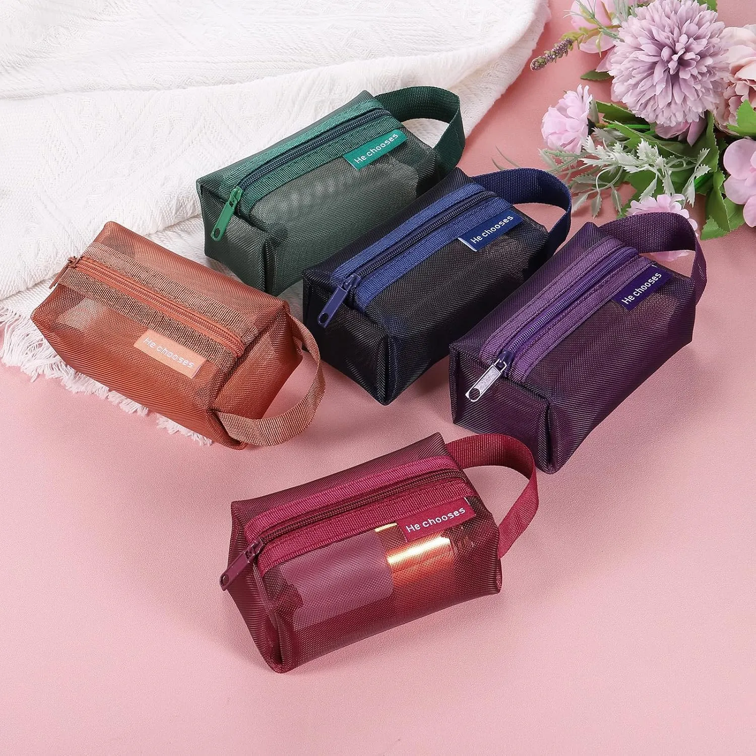 uxcell Mini Zipper Mesh Bag 2" x 4", 3 Pcs Nylon Small Makeup Zipper Mesh Pouch Cosmetic Case Mesh Storage Bags for Earphone, Credit Card, Brown