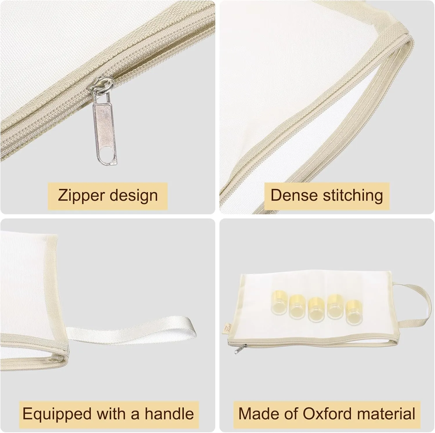 uxcell Mini Zipper Mesh Bag, 3 Pcs Multiple Size Nylon Makeup Zipper Mesh Pouch, Cosmetic Case Mesh Storage Bags for Travel Organizer, Khaki(A4/A5/A6)