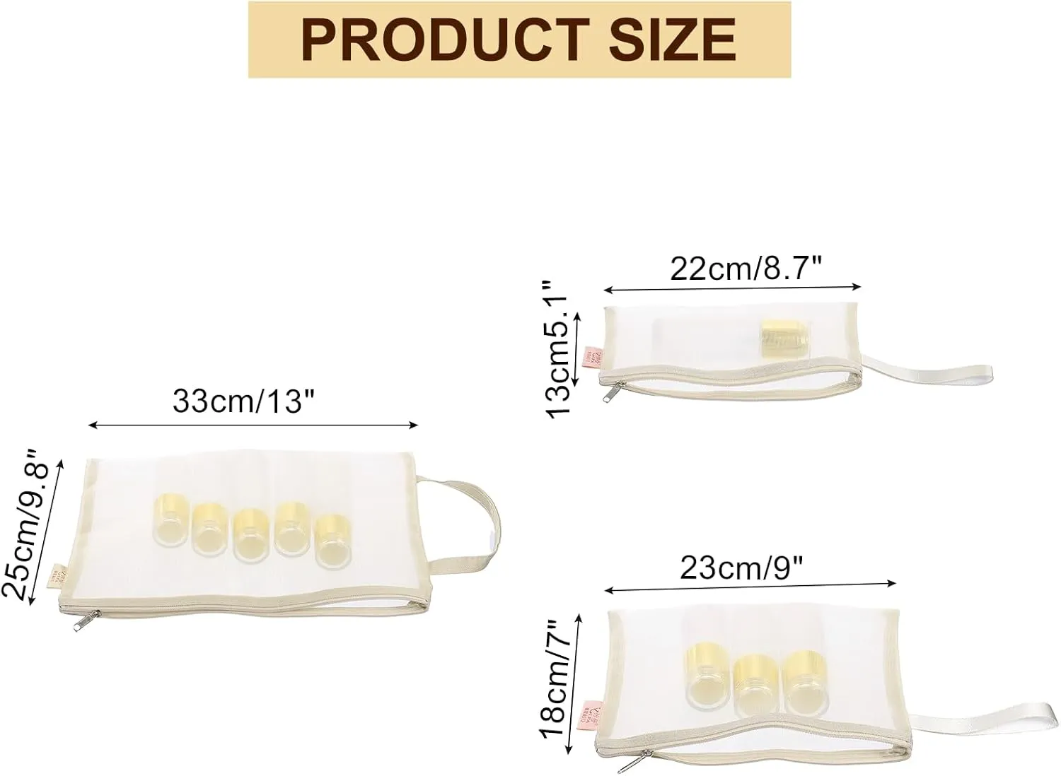 uxcell Mini Zipper Mesh Bag, 3 Pcs Multiple Size Nylon Makeup Zipper Mesh Pouch, Cosmetic Case Mesh Storage Bags for Travel Organizer, Khaki(A4/A5/A6)