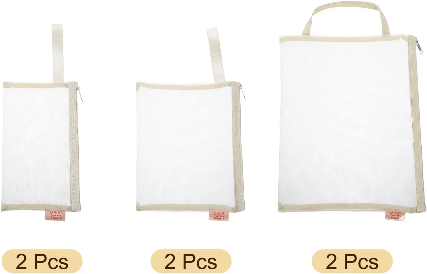 uxcell Mini Zipper Mesh Bag, 3 Pcs Multiple Size Nylon Makeup Zipper Mesh Pouch, Cosmetic Case Mesh Storage Bags for Travel Organizer, Khaki(A4/A5/A6)