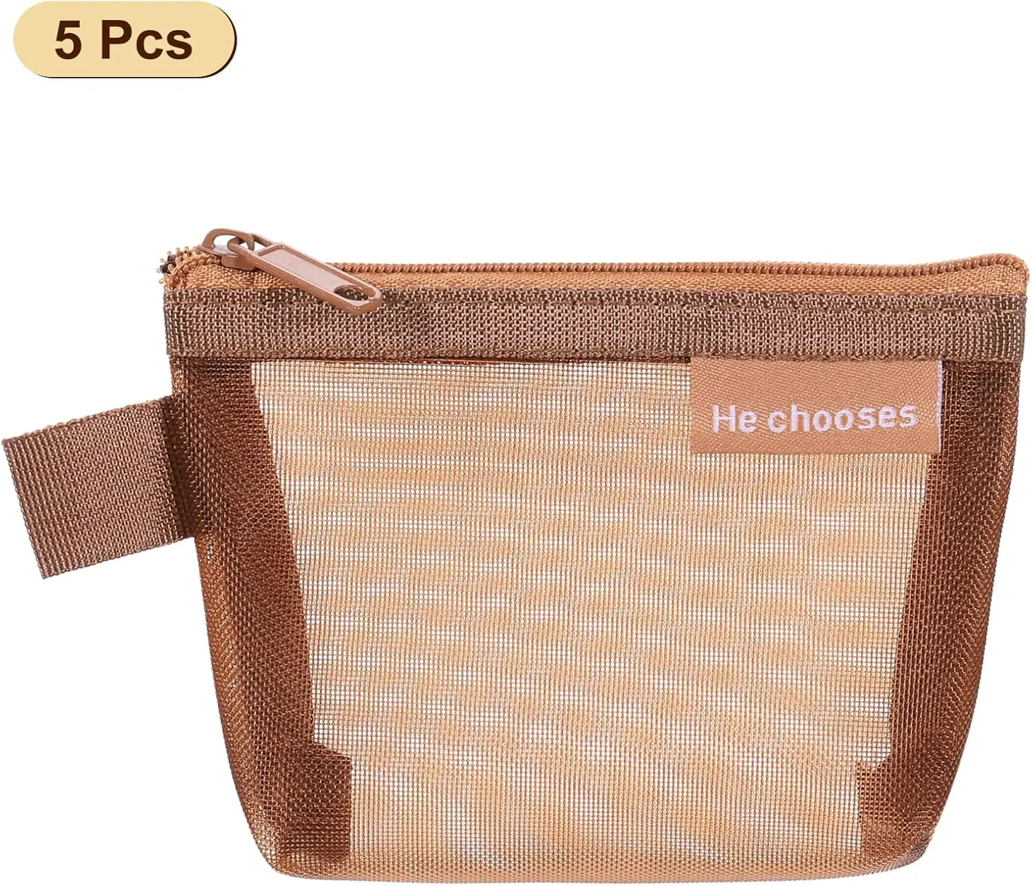 uxcell Mini Zipper Mesh Bag 3" x 5", 5 Pcs Nylon Small Makeup Zipper Mesh Pouch Cosmetic Case Mesh Storage Bags for Earphone, Credit Card, Brown