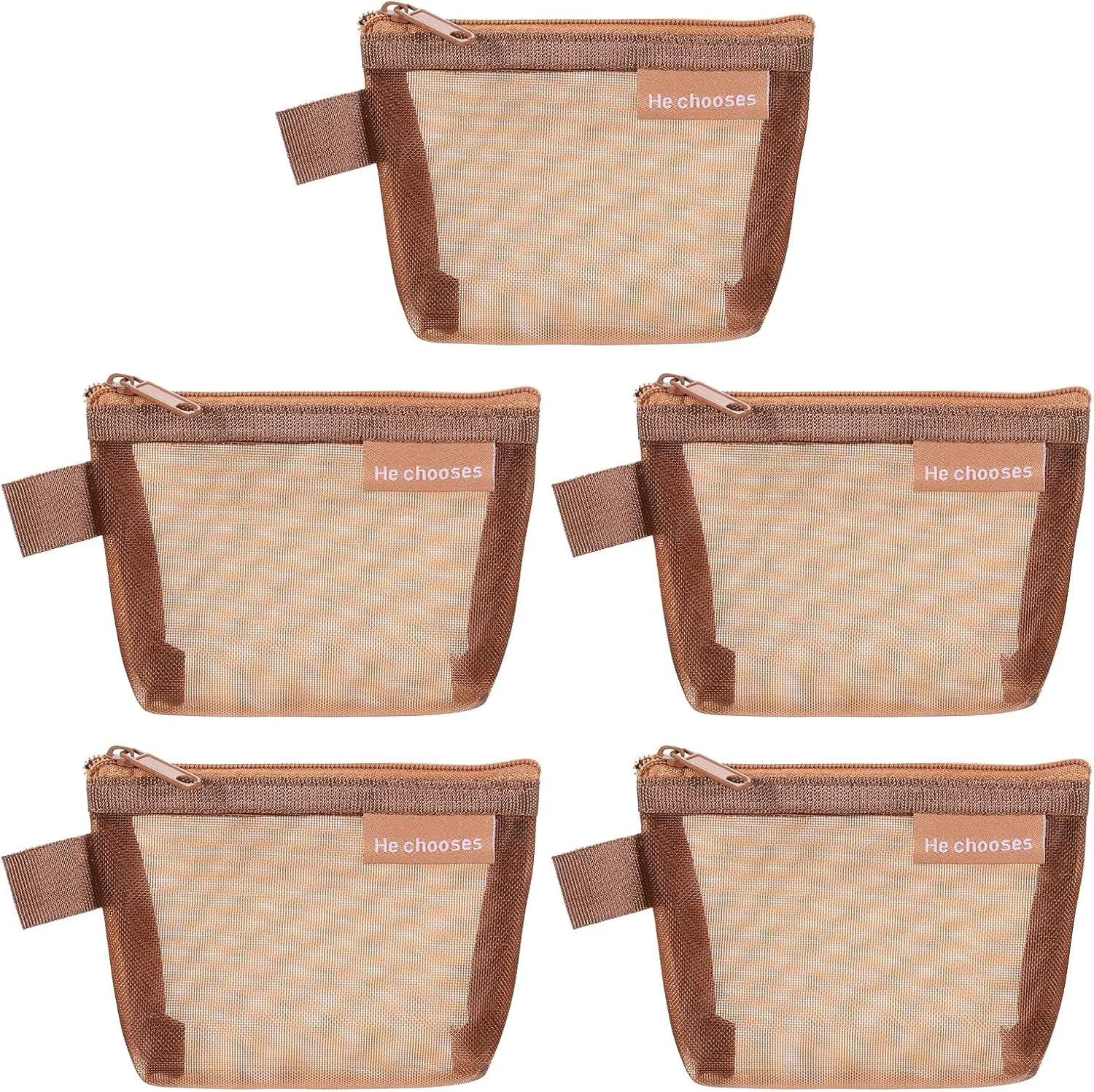 uxcell Mini Zipper Mesh Bag 3" x 5", 5 Pcs Nylon Small Makeup Zipper Mesh Pouch Cosmetic Case Mesh Storage Bags for Earphone, Credit Card, Brown