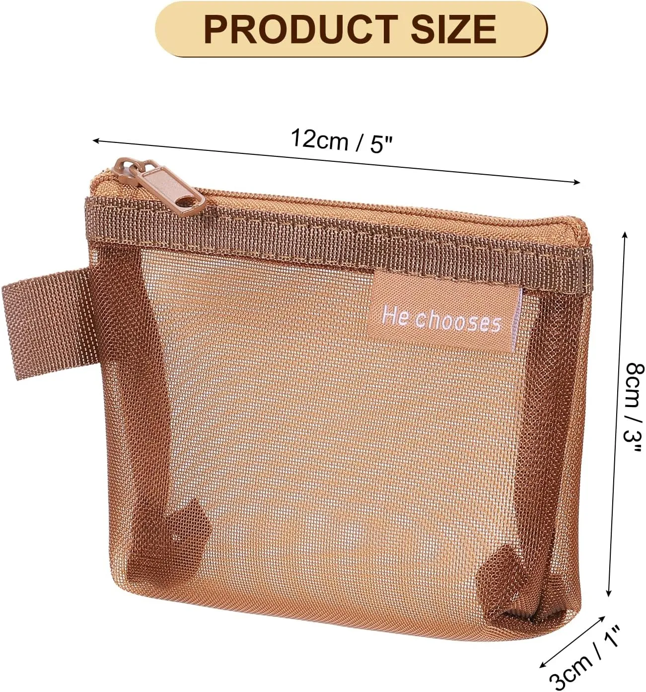 uxcell Mini Zipper Mesh Bag 3" x 5", 5 Pcs Nylon Small Makeup Zipper Mesh Pouch Cosmetic Case Mesh Storage Bags for Earphone, Credit Card, Brown