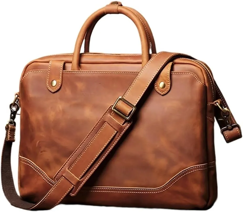 Vintage Bags Briefcase Men Shoulder Genuine Leather Handbag Man Brown Casual 15.6 Inch Laptop Bag
