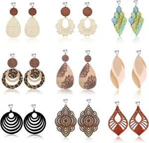 Vintage Dangle Earrings Clip on Earrings Women, 2 Options for Piercing Ears & Non-pierceing Ears, Bohemian Boho Earrings Geometric Wooden Jewelry African Earrings for Black Women