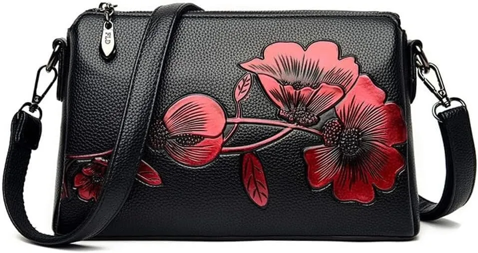 Vintage Floral Women Handbags Hobo Crossbody Bags Shoulder Soft Leather Purse Satchel Zipper Pocket Wallet