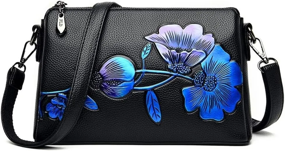 Vintage Floral Women Handbags Hobo Crossbody Bags Shoulder Soft Leather Purse Satchel Zipper Pocket Wallet