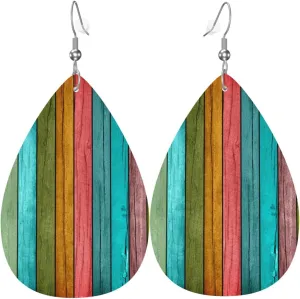 Vintage Wood Wooden Print Faux Leather Teardrop Earrings for Women Drop Dangle Earrings Gift
