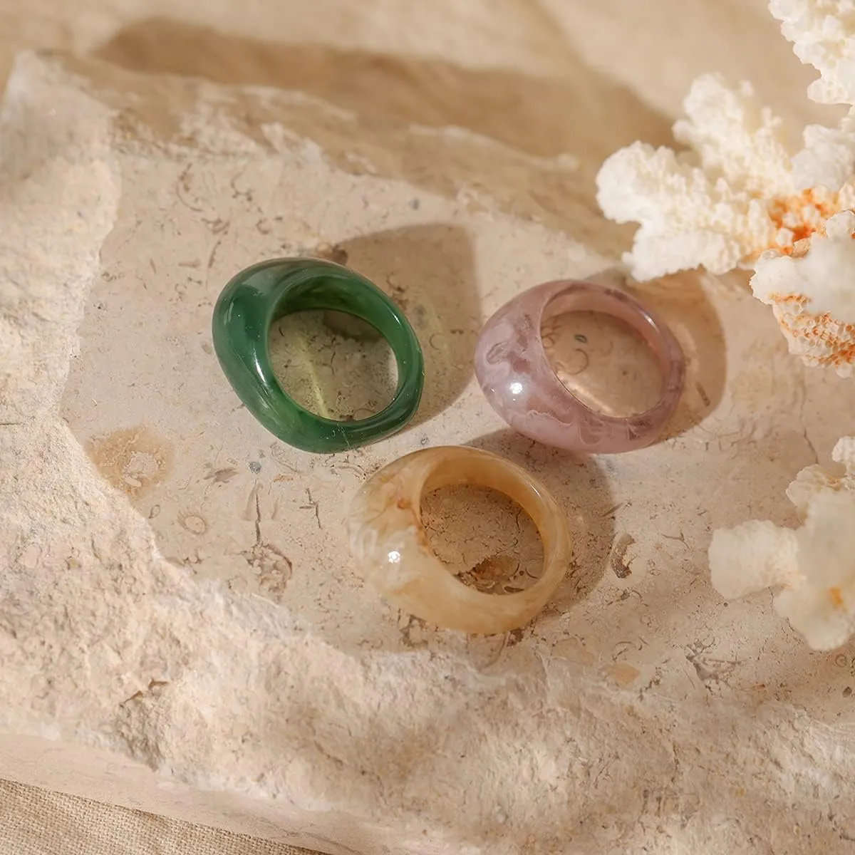 Viva Joya Resin Acrylic Plastic Knuckle Rings for Women, Chunky Trendy Colorful Stackable Jewelry, Statement Dome Thick Rings, Bulk Set