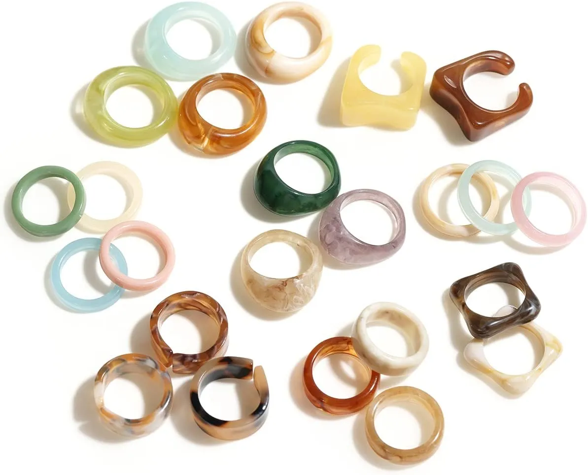 Viva Joya Resin Acrylic Plastic Knuckle Rings for Women, Chunky Trendy Colorful Stackable Jewelry, Statement Dome Thick Rings, Bulk Set