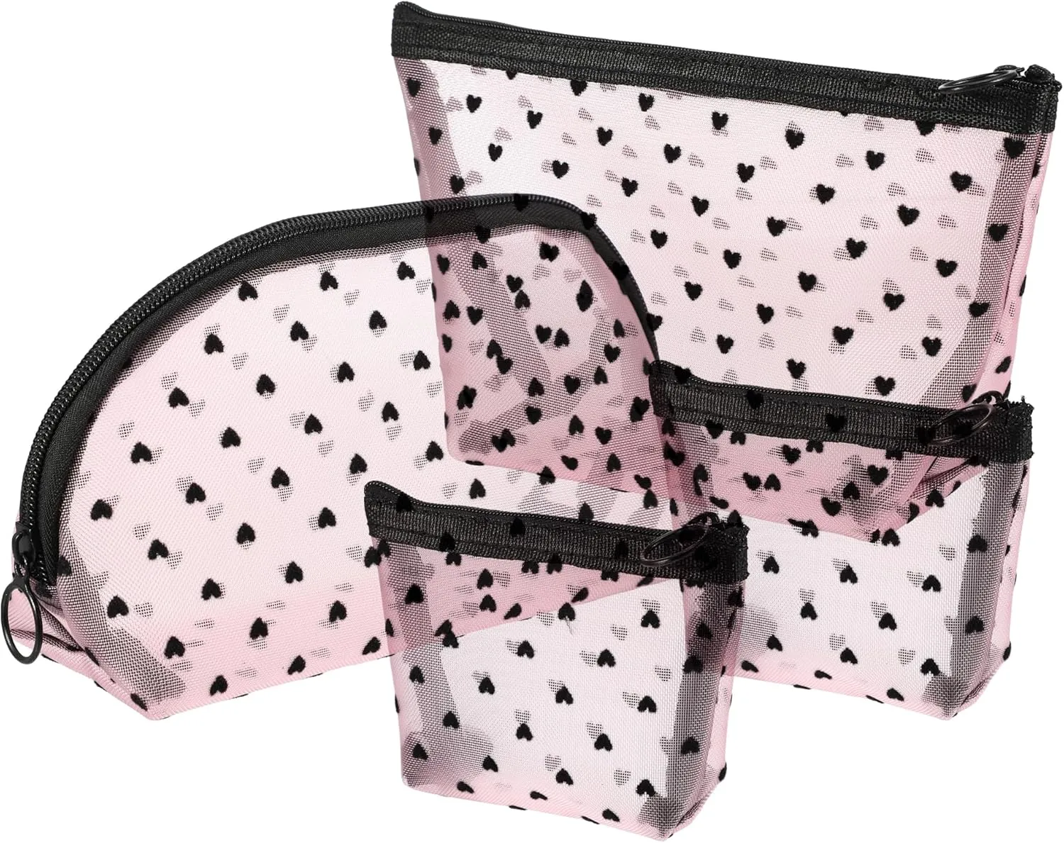 VOCOSTE 4pcs Heart Shape Print Mesh Makeup Bag, Makeup Bag Clear, Mesh Bags with Zipper, Clear Makeup Pouch Mesh Bags, Make Up Bags for Women, Pink