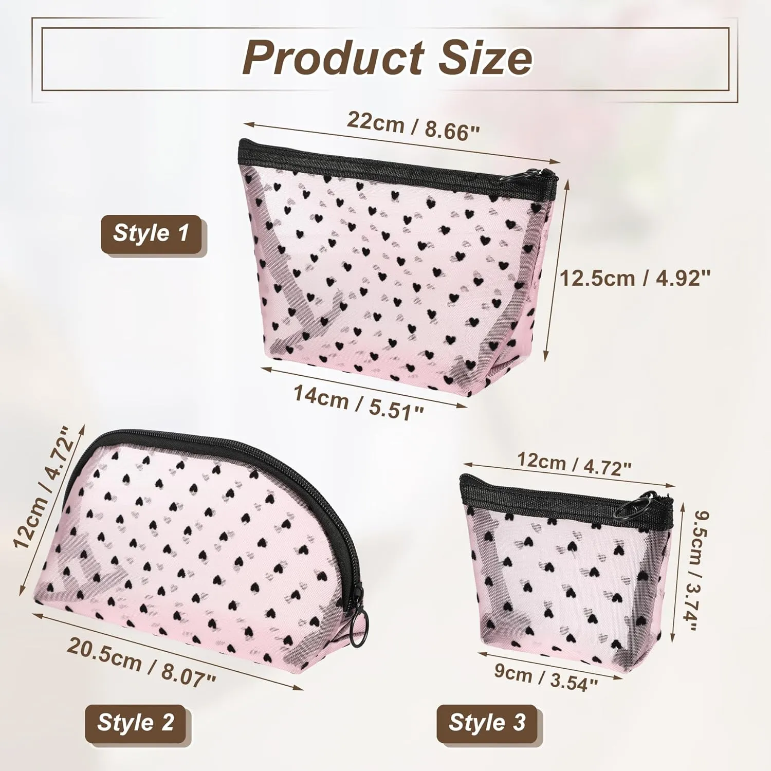 VOCOSTE 4pcs Heart Shape Print Mesh Makeup Bag, Makeup Bag Clear, Mesh Bags with Zipper, Clear Makeup Pouch Mesh Bags, Make Up Bags for Women, Pink