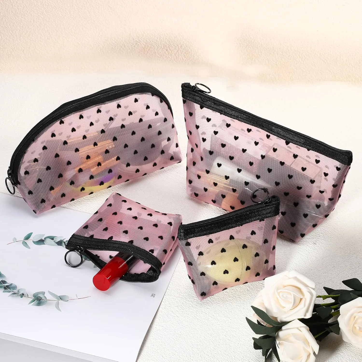 VOCOSTE 4pcs Heart Shape Print Mesh Makeup Bag, Makeup Bag Clear, Mesh Bags with Zipper, Clear Makeup Pouch Mesh Bags, Make Up Bags for Women, Pink