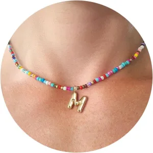 VRIUA Colorful Initial Necklaces for Women  Bubble Necklace Handmade Beaded Necklace Dainty Cute Beach Boho Necklaces for Women Trendy Jewelry Choker Necklace