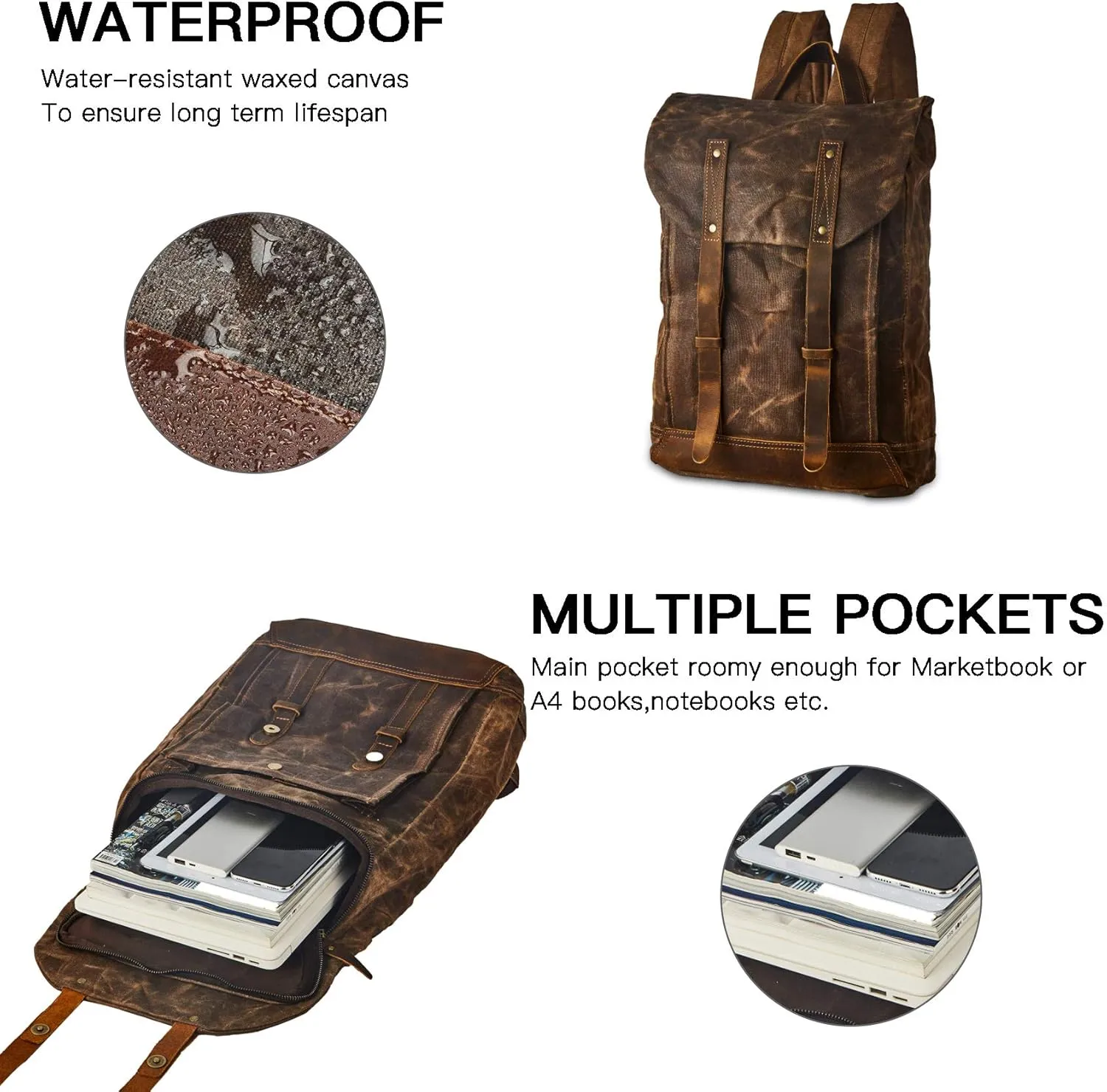 Waterproof Waxed Canvas Shoulder Rucksack Backpack for Men Women Casual Large 15.6 inch laptop Bookbag Brown