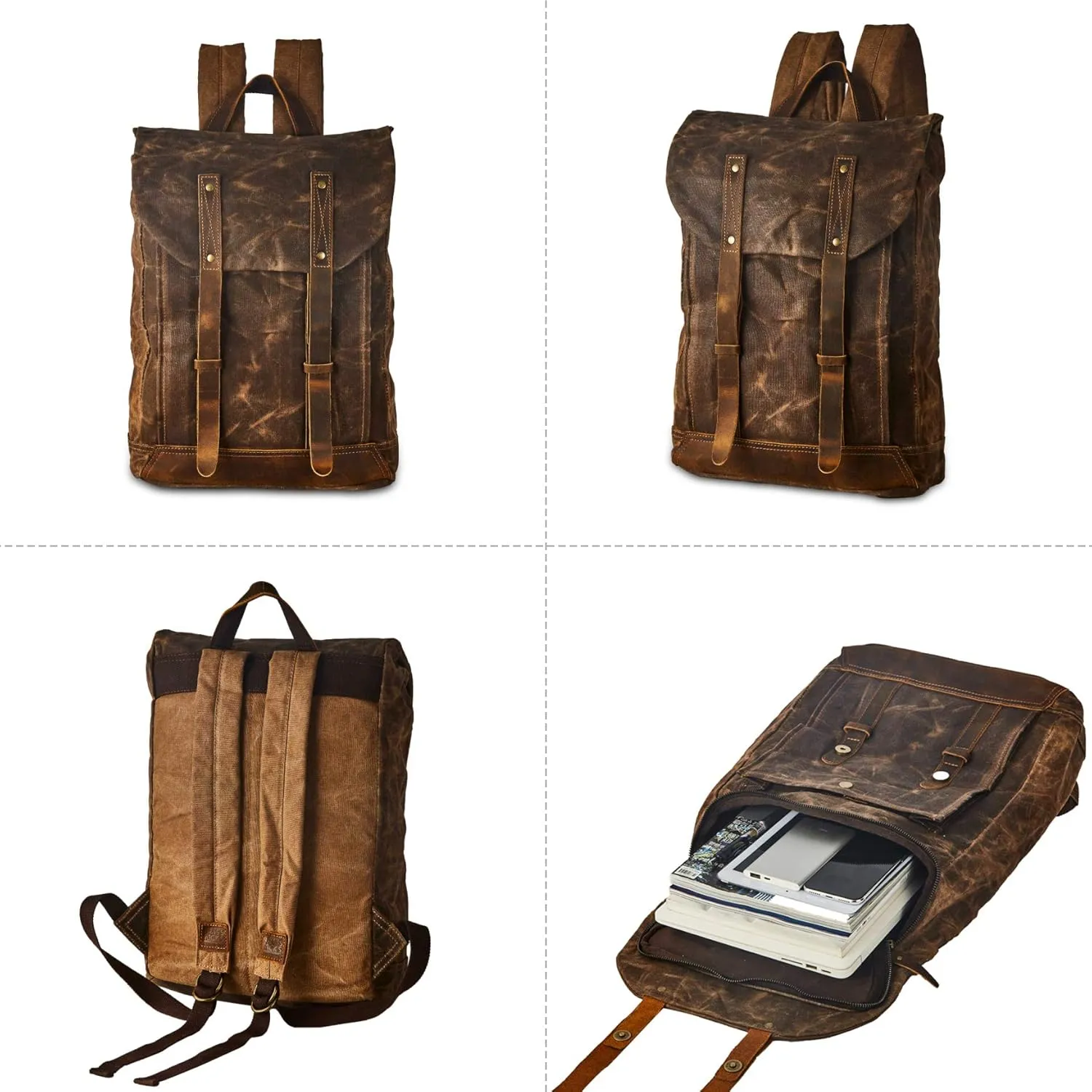 Waterproof Waxed Canvas Shoulder Rucksack Backpack for Men Women Casual Large 15.6 inch laptop Bookbag Brown