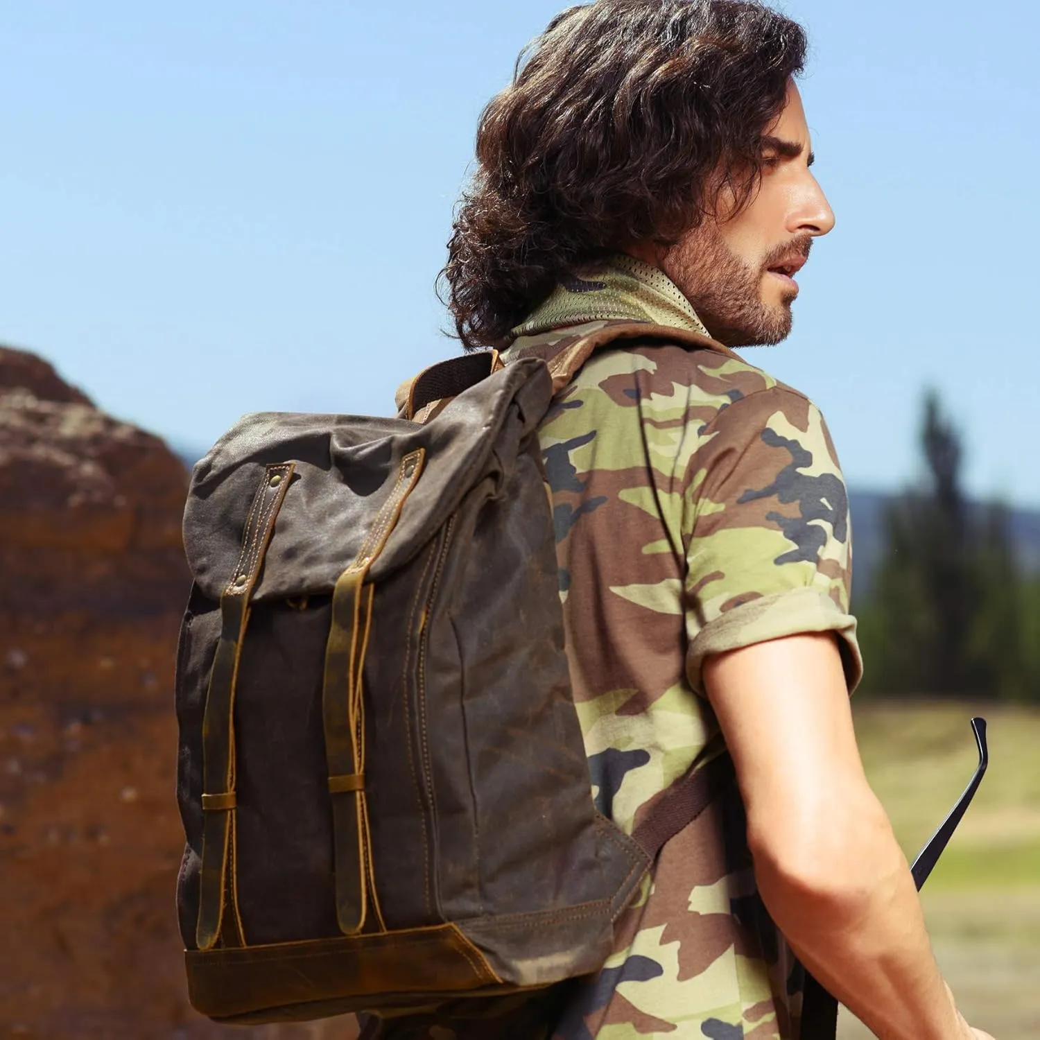 Waterproof Waxed Canvas Shoulder Rucksack Backpack for Men Women Casual Large 15.6 inch laptop Bookbag Brown