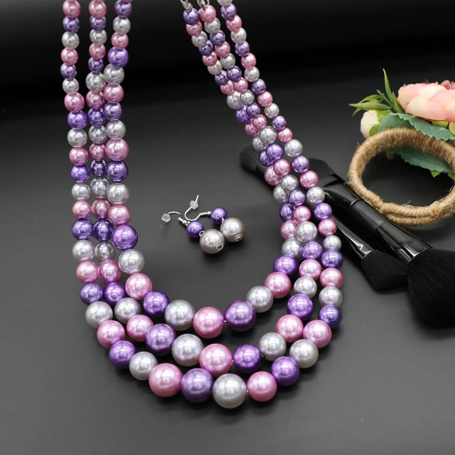 We We Three Layers Faux Pearl Necklace for Women Multi strand Pearl Necklace Earrings Set 1920s Pearl Costume Jewelry