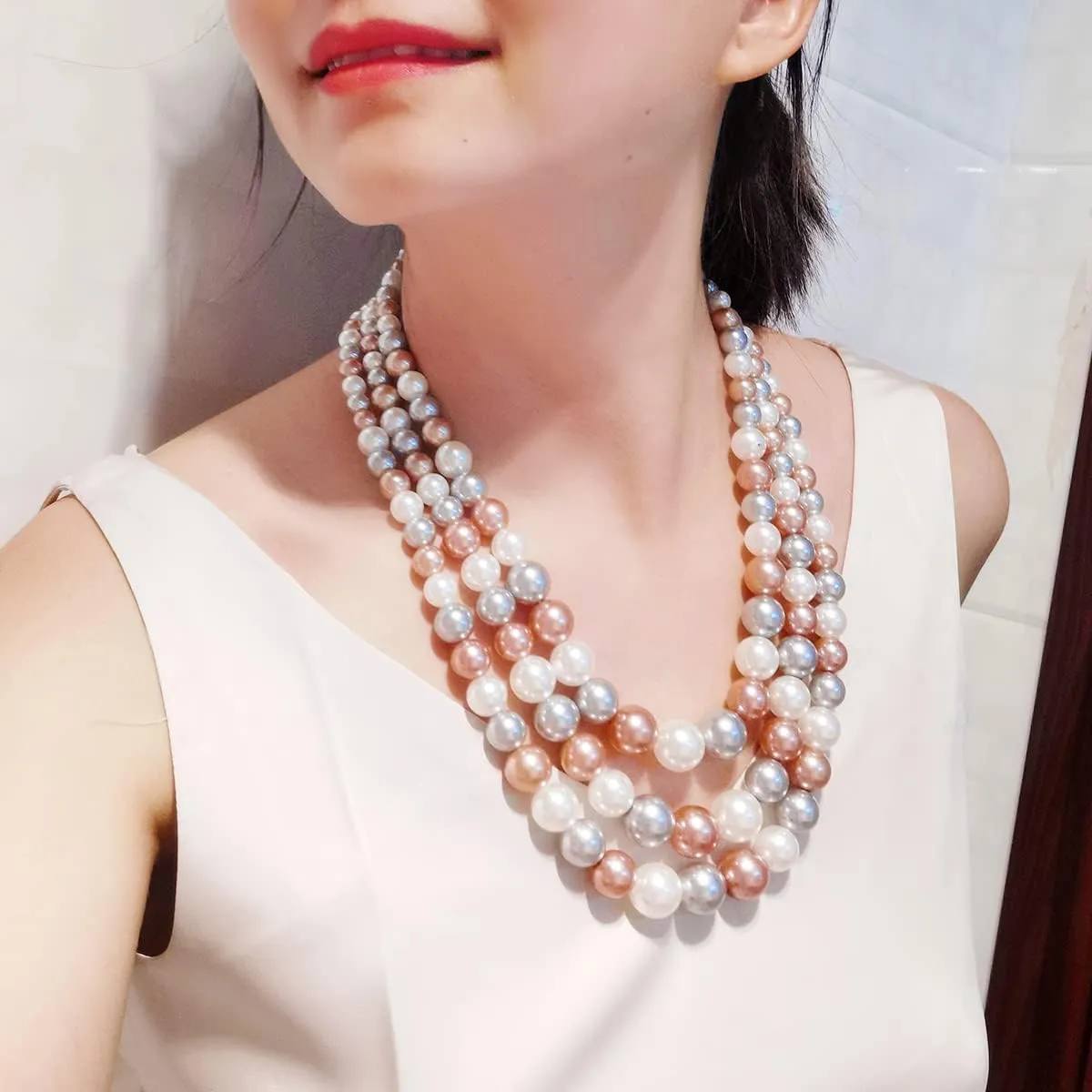We We Three Layers Faux Pearl Necklace for Women Multi strand Pearl Necklace Earrings Set 1920s Pearl Costume Jewelry