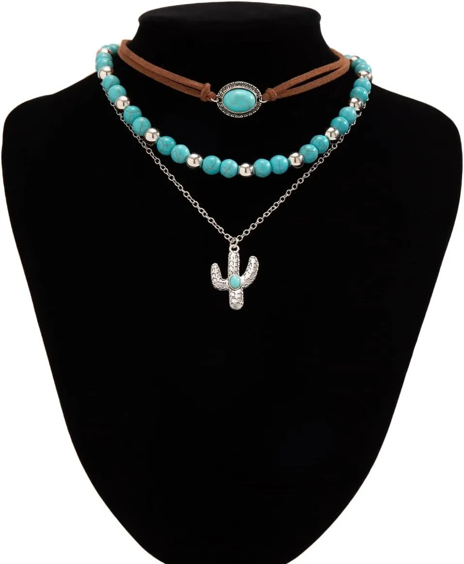 Western Turquoise Layered Chain Necklaces Brown Suede Choker Necklace Set Boho Jewelry Gifts for Women Cowgirls
