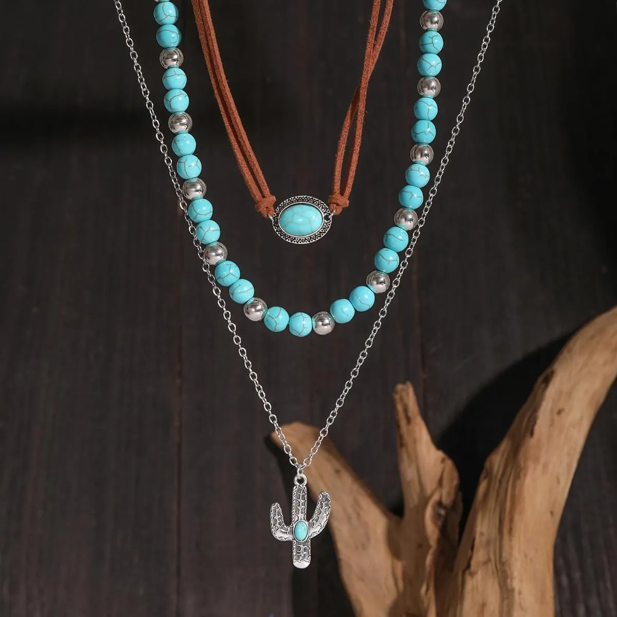 Western Turquoise Layered Chain Necklaces Brown Suede Choker Necklace Set Boho Jewelry Gifts for Women Cowgirls