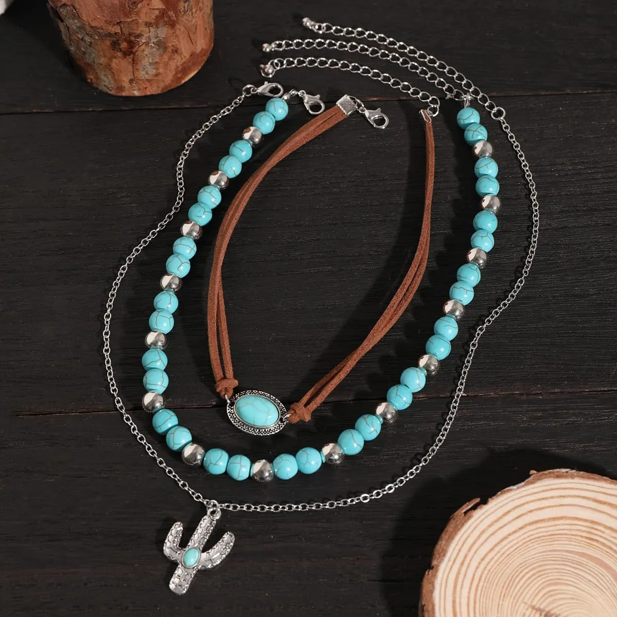 Western Turquoise Layered Chain Necklaces Brown Suede Choker Necklace Set Boho Jewelry Gifts for Women Cowgirls
