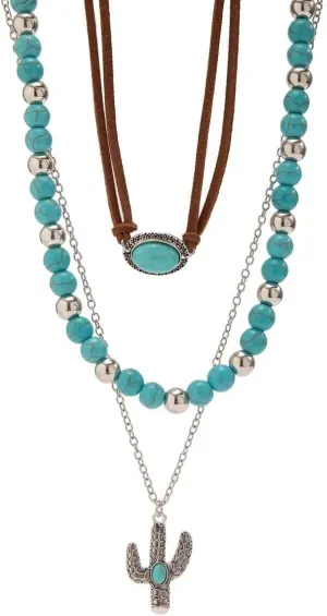 Western Turquoise Layered Chain Necklaces Brown Suede Choker Necklace Set Boho Jewelry Gifts for Women Cowgirls