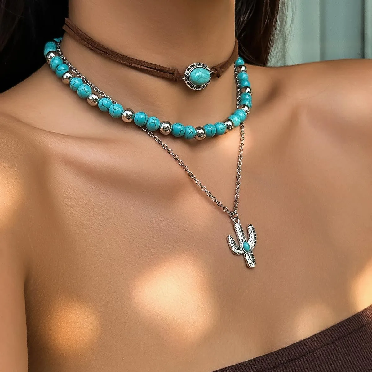 Western Turquoise Layered Chain Necklaces Brown Suede Choker Necklace Set Boho Jewelry Gifts for Women Cowgirls