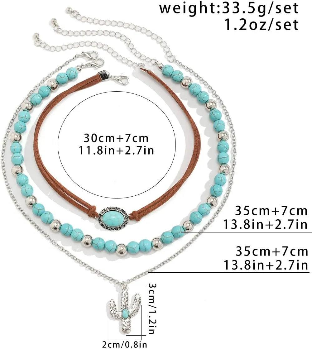 Western Turquoise Layered Chain Necklaces Brown Suede Choker Necklace Set Boho Jewelry Gifts for Women Cowgirls