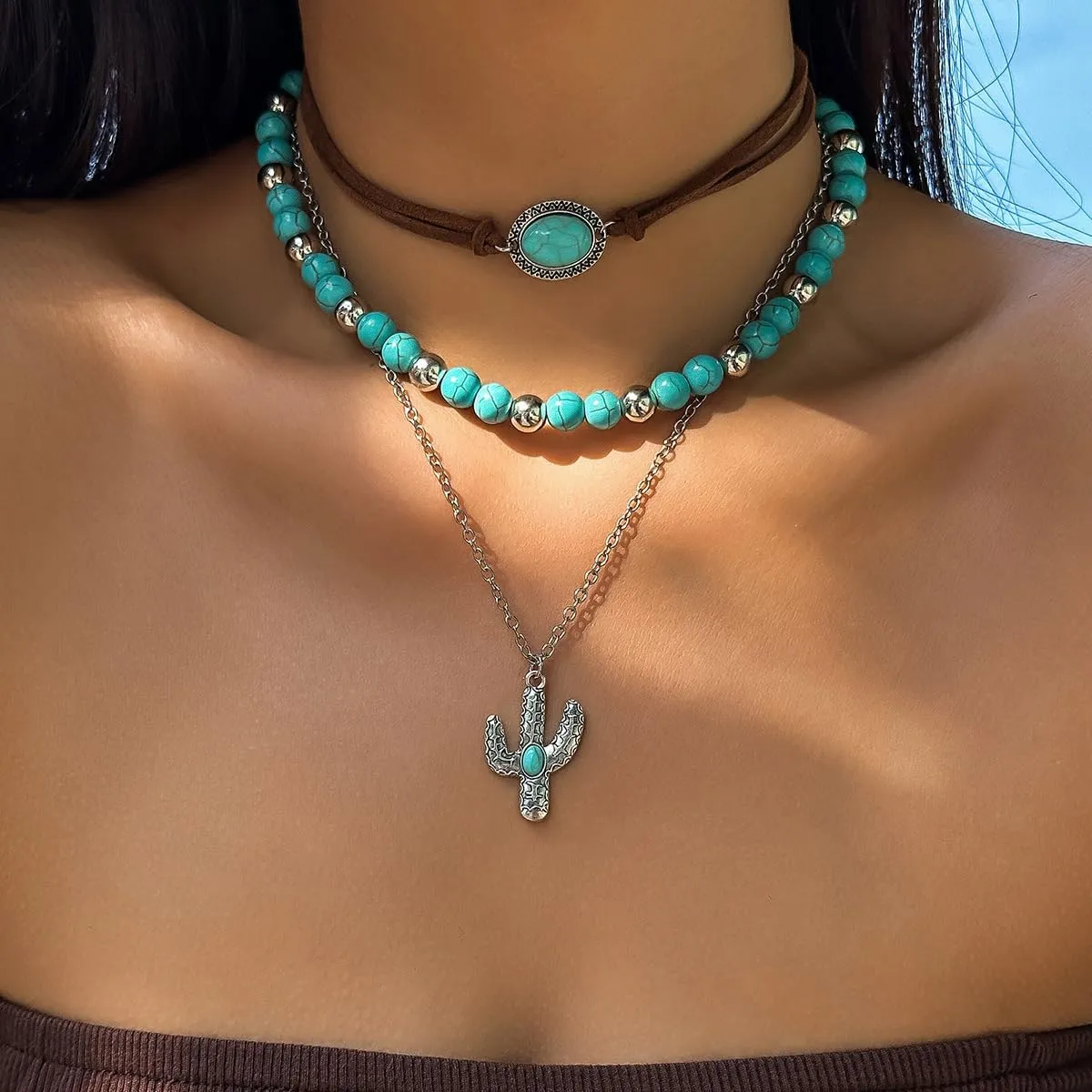 Western Turquoise Layered Chain Necklaces Brown Suede Choker Necklace Set Boho Jewelry Gifts for Women Cowgirls