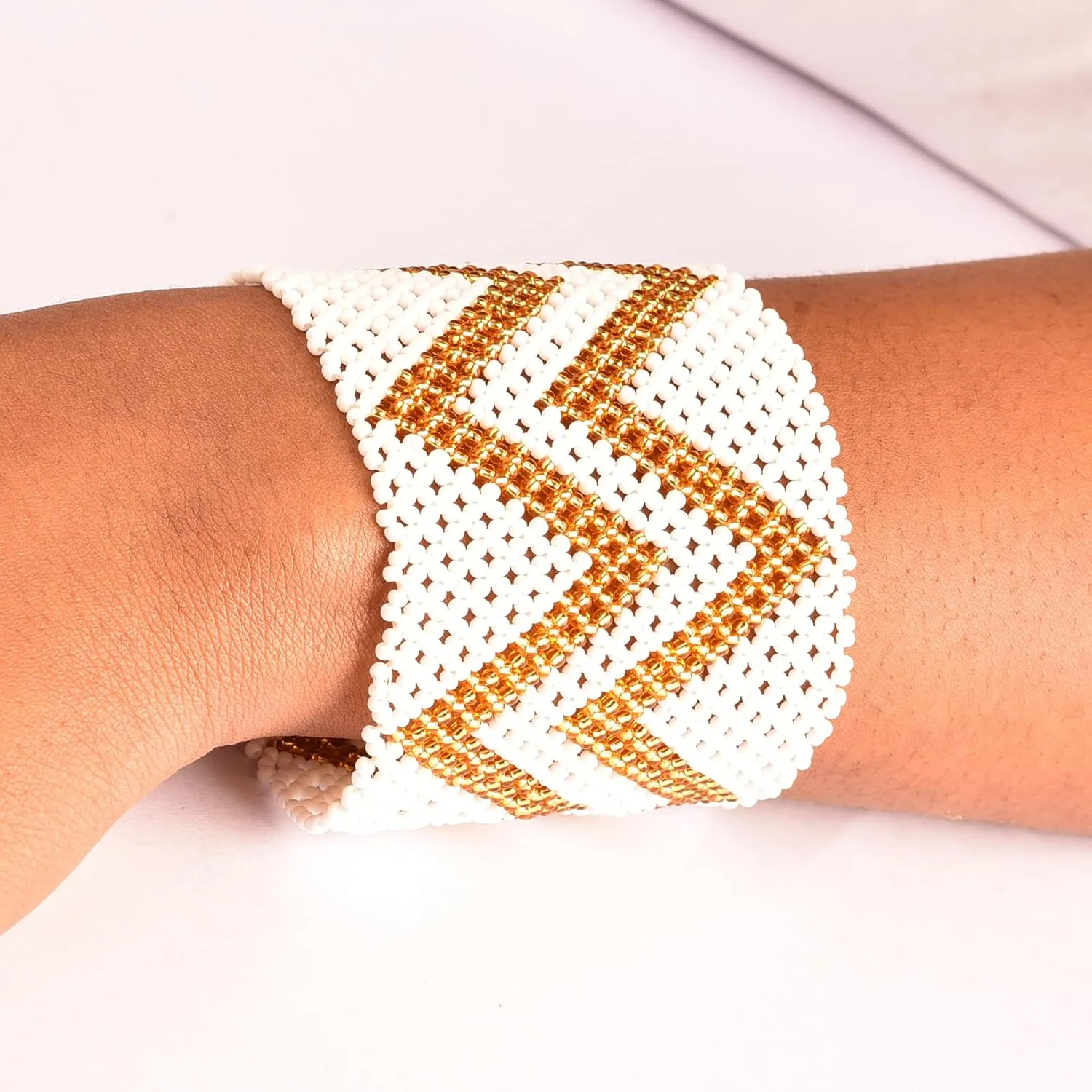 White and Gold African Jewelry Set For Women - Handmade String Bracelet, Anklet & Hoop Earrings  Durable Boho Design