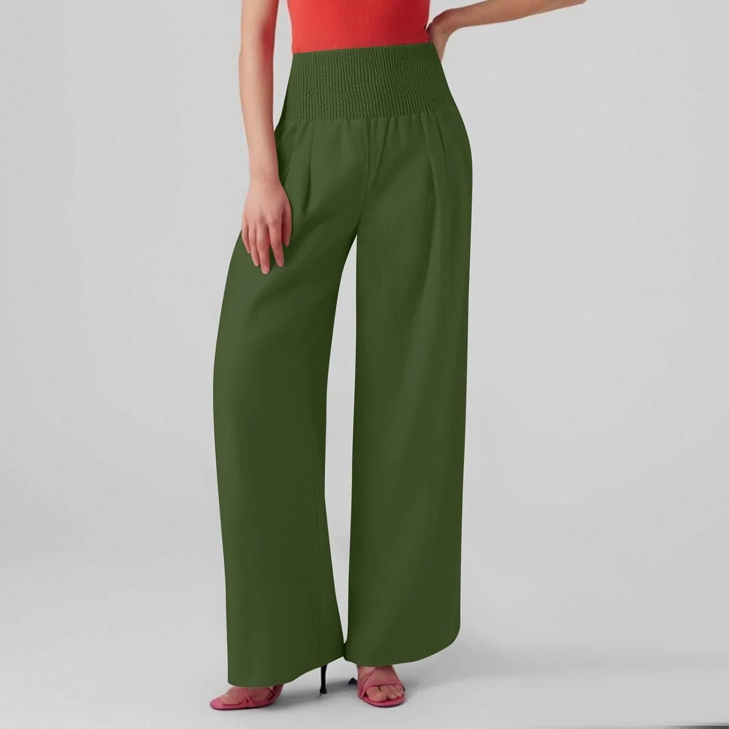 Wide Leg Linen Pants for Women High Waist Summer Palazzo Pants Smocked Elastic Pant Dressy Trouser with Pockets