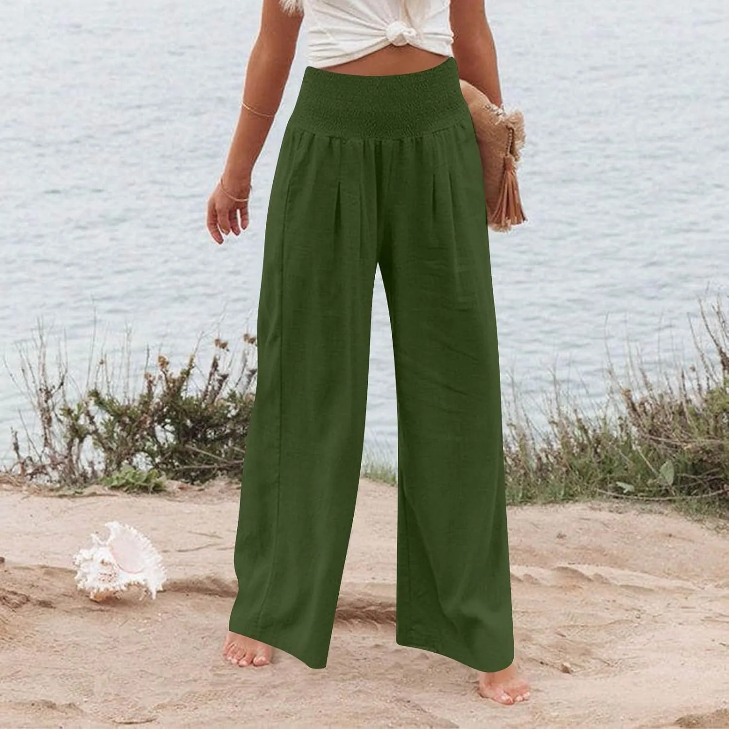 Wide Leg Linen Pants for Women High Waist Summer Palazzo Pants Smocked Elastic Pant Dressy Trouser with Pockets